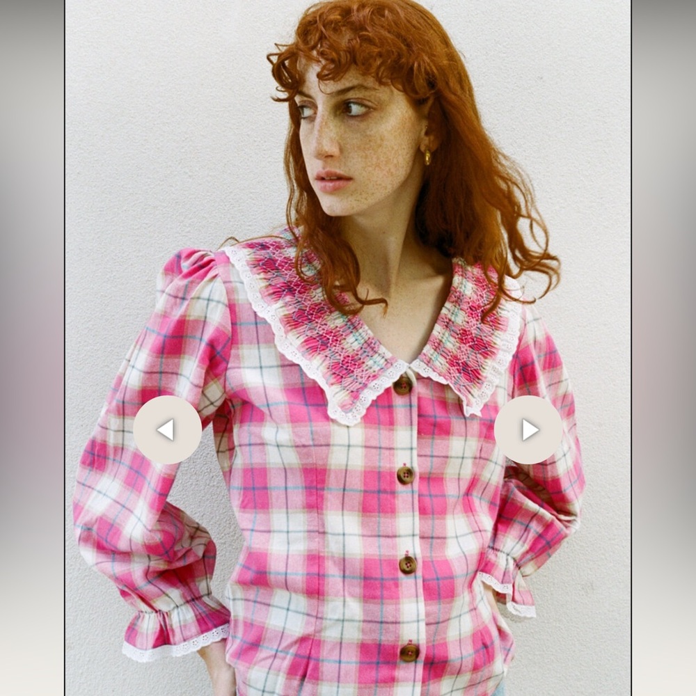 Tach Lila Pink Tartan Plaid Button-Up Blouse size S
